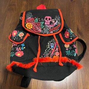 Disney Pixar Coco Skulls Floral Backpack Black Red Remember Me Fringe EUC